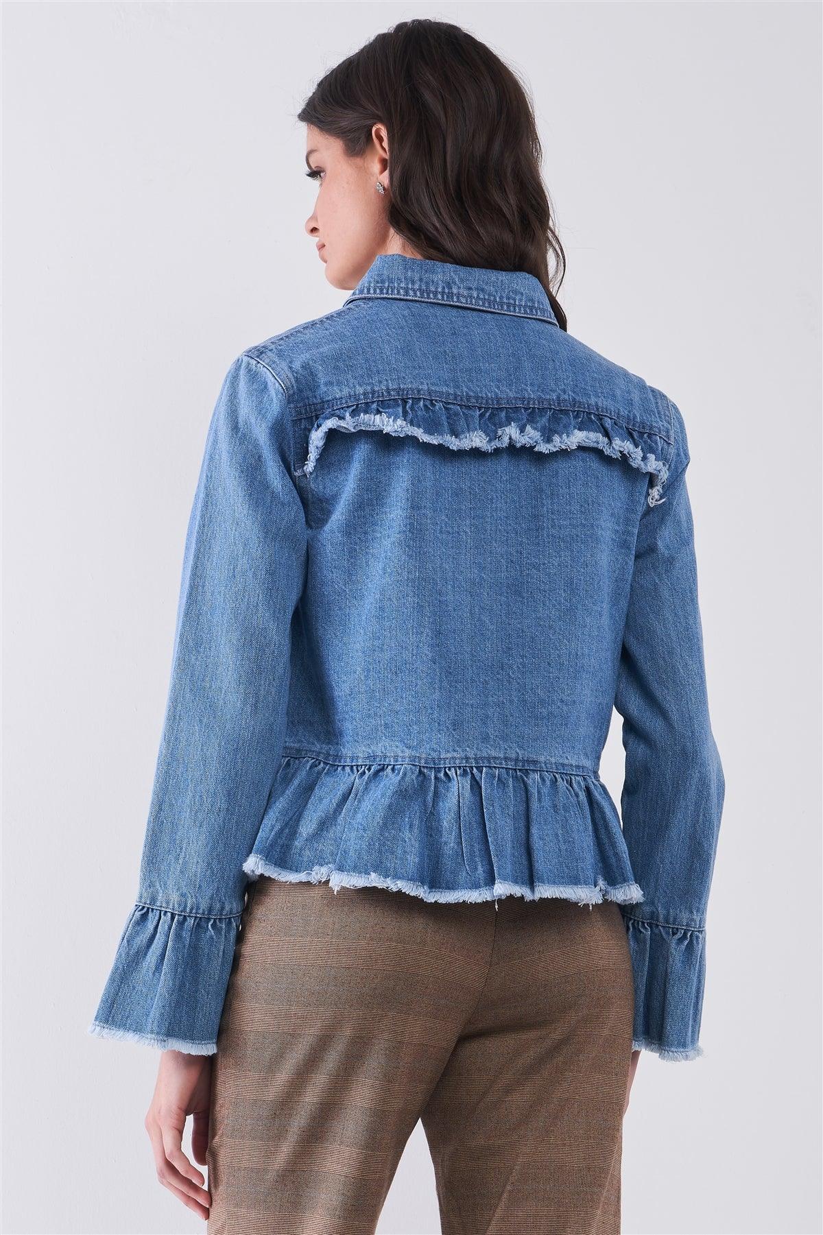 Denim-Blue Long Sleeve Raw Ruffle Hem Jacket /1-1-2-1