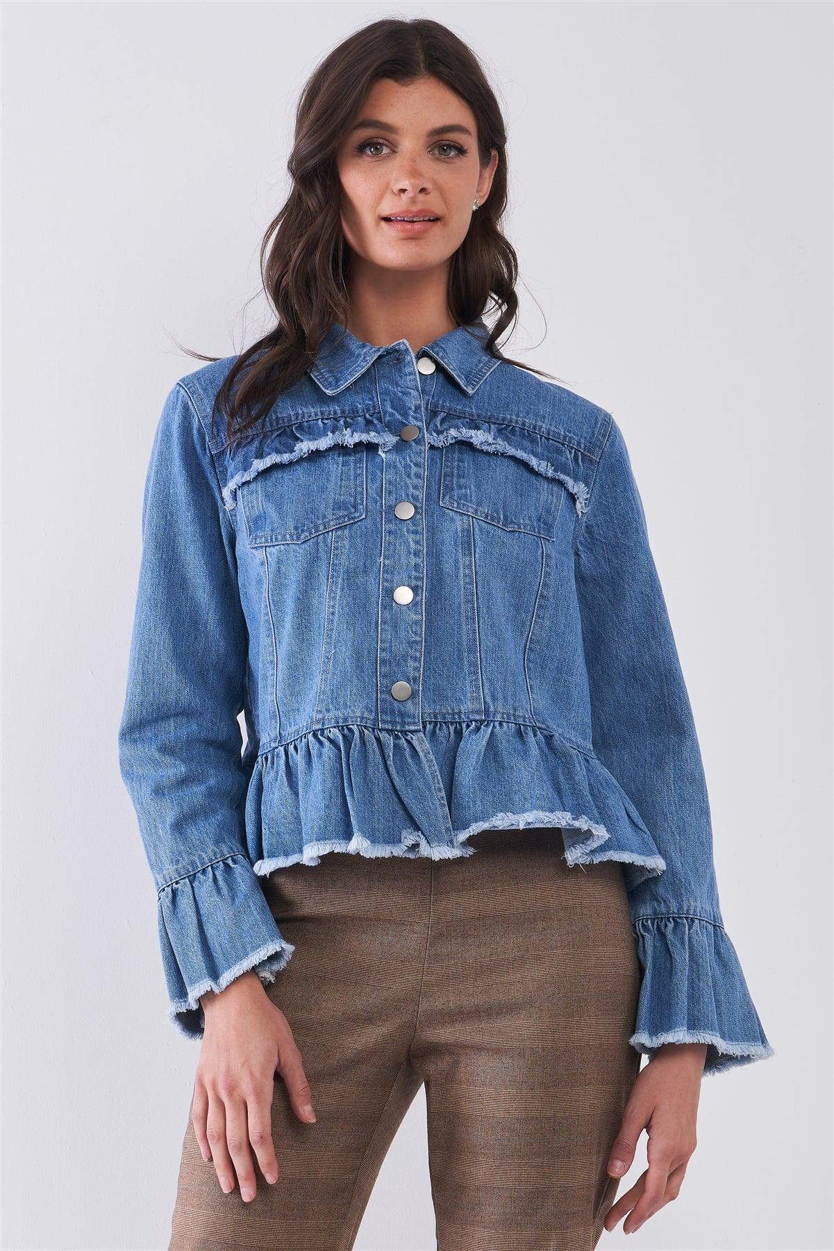 Denim-Blue Long Sleeve Raw Ruffle Hem Jacket /1-3-2-1