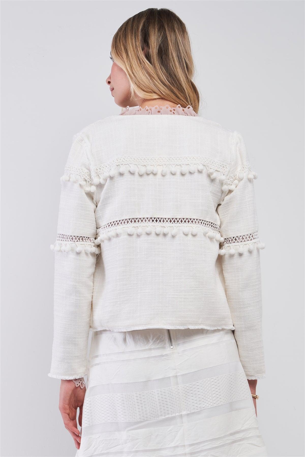 Boho White Tweed Round Neck Long Sleeve Pom Pom Trim Detail Open Front Jacket /1-2-2-1