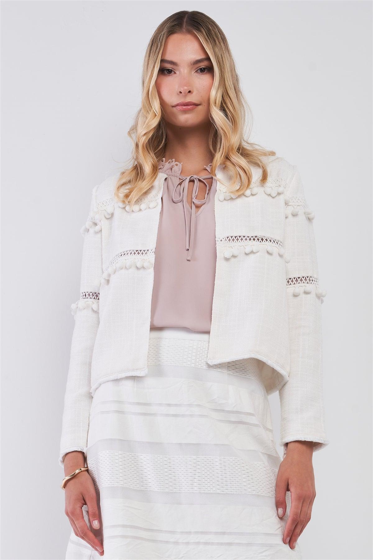 Boho White Tweed Round Neck Long Sleeve Pom Pom Trim Detail Open Front Jacket /1-1-2-2