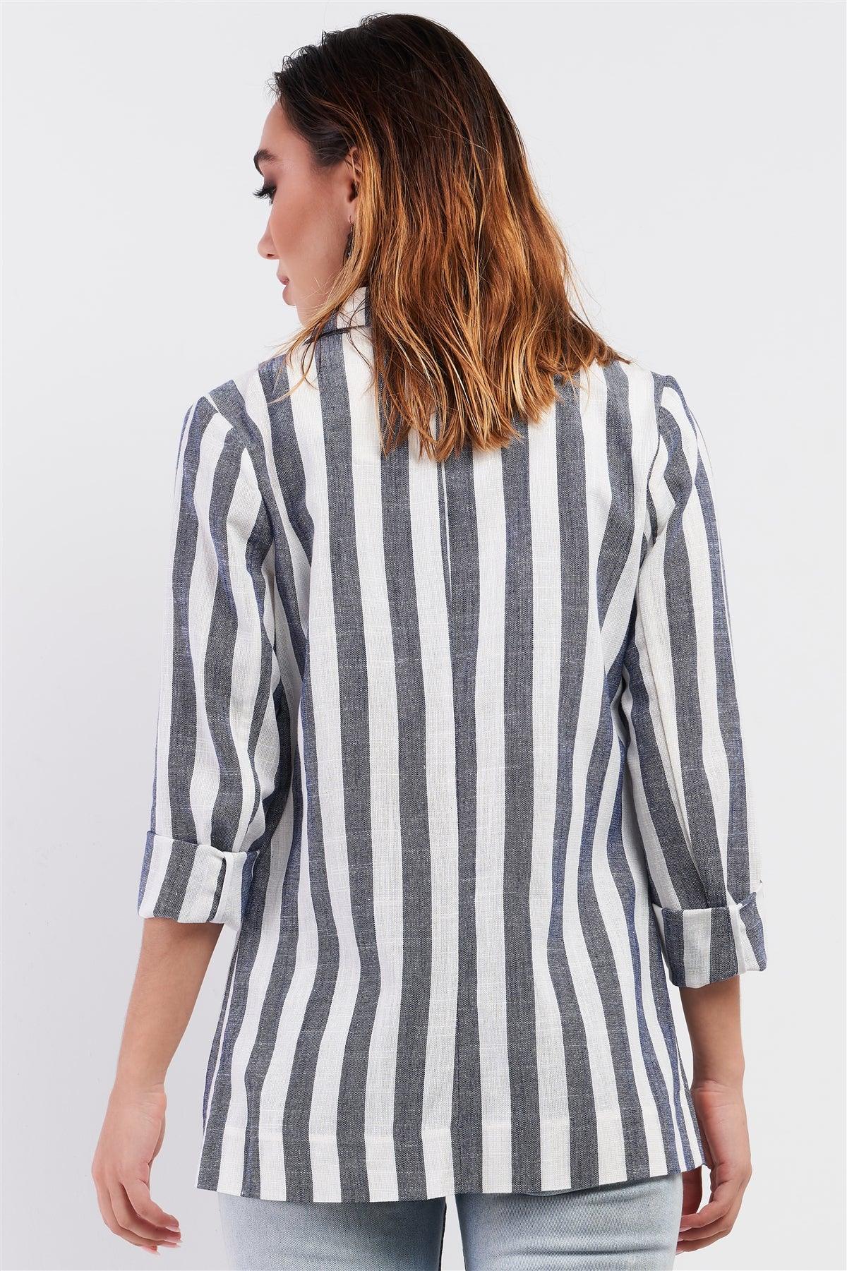 Navy White Striped Single Breasted Blazer /1-2-2-1