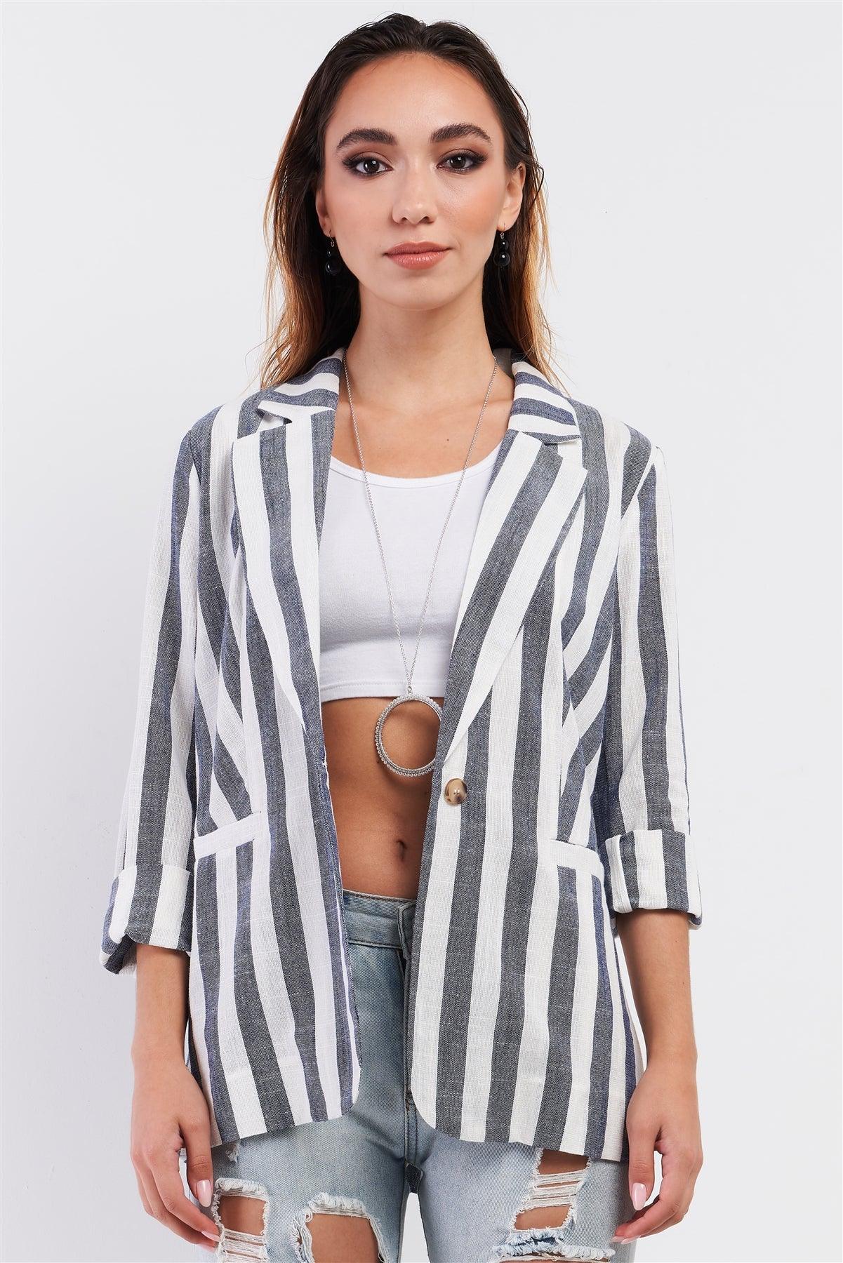 Navy White Striped Single Breasted Blazer /1-2-2-1