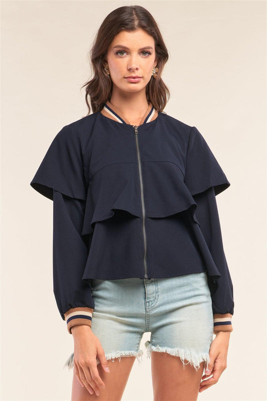 Deep Blue Long Cuffed Sleeve Flare Trim Detail Bomber Jacket /1-2-2