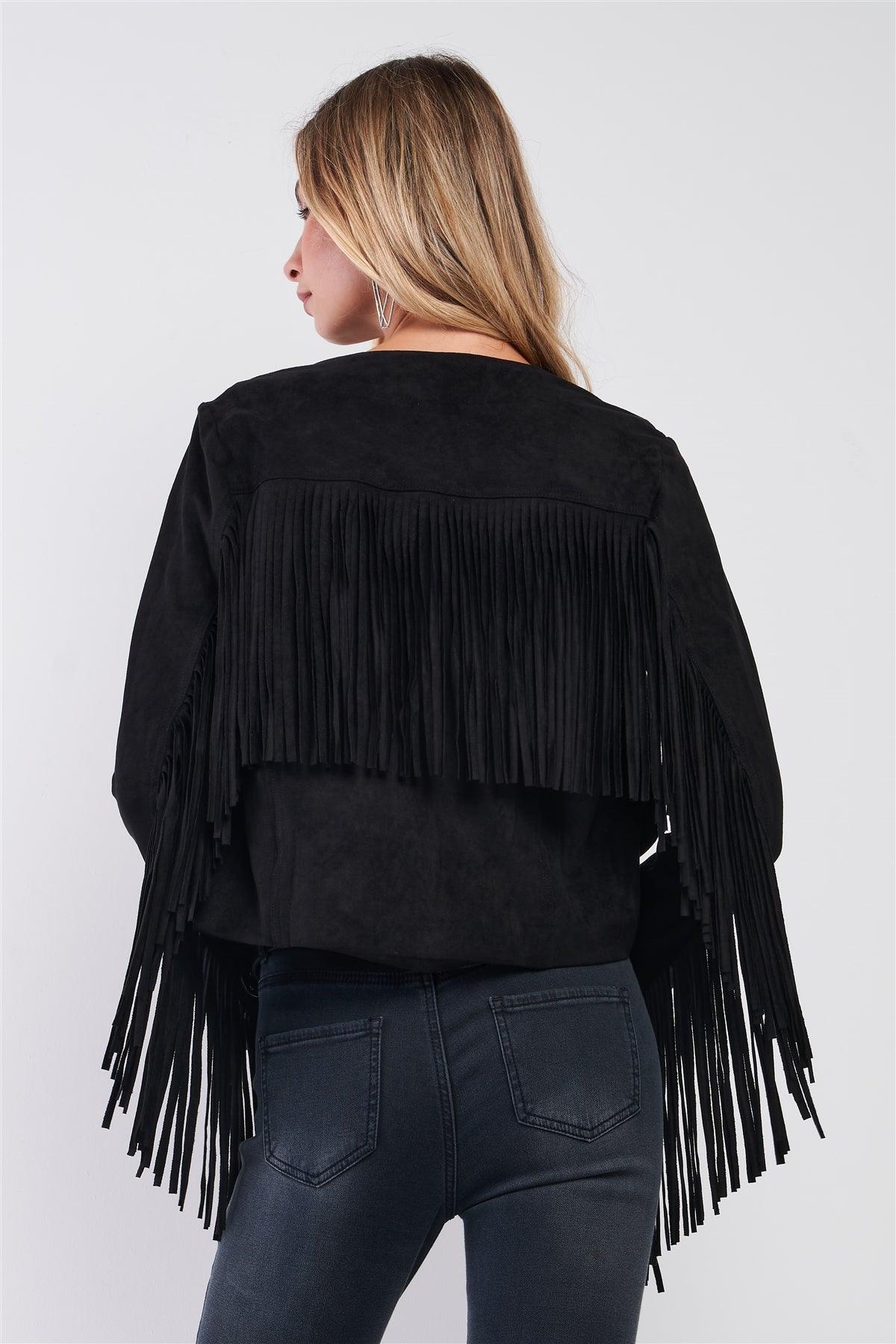 Black Faux Suede Fringed Western Jacket /1-2-2-1