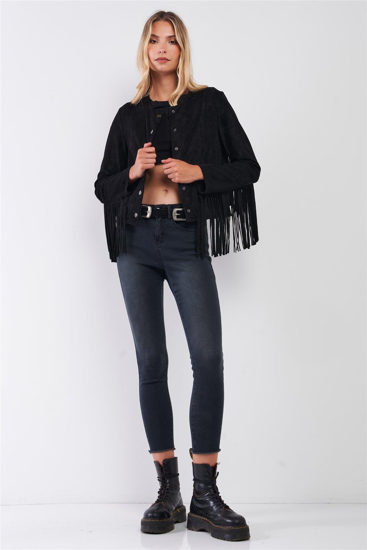 Black Faux Suede Fringed Western Jacket /1-2-2-1