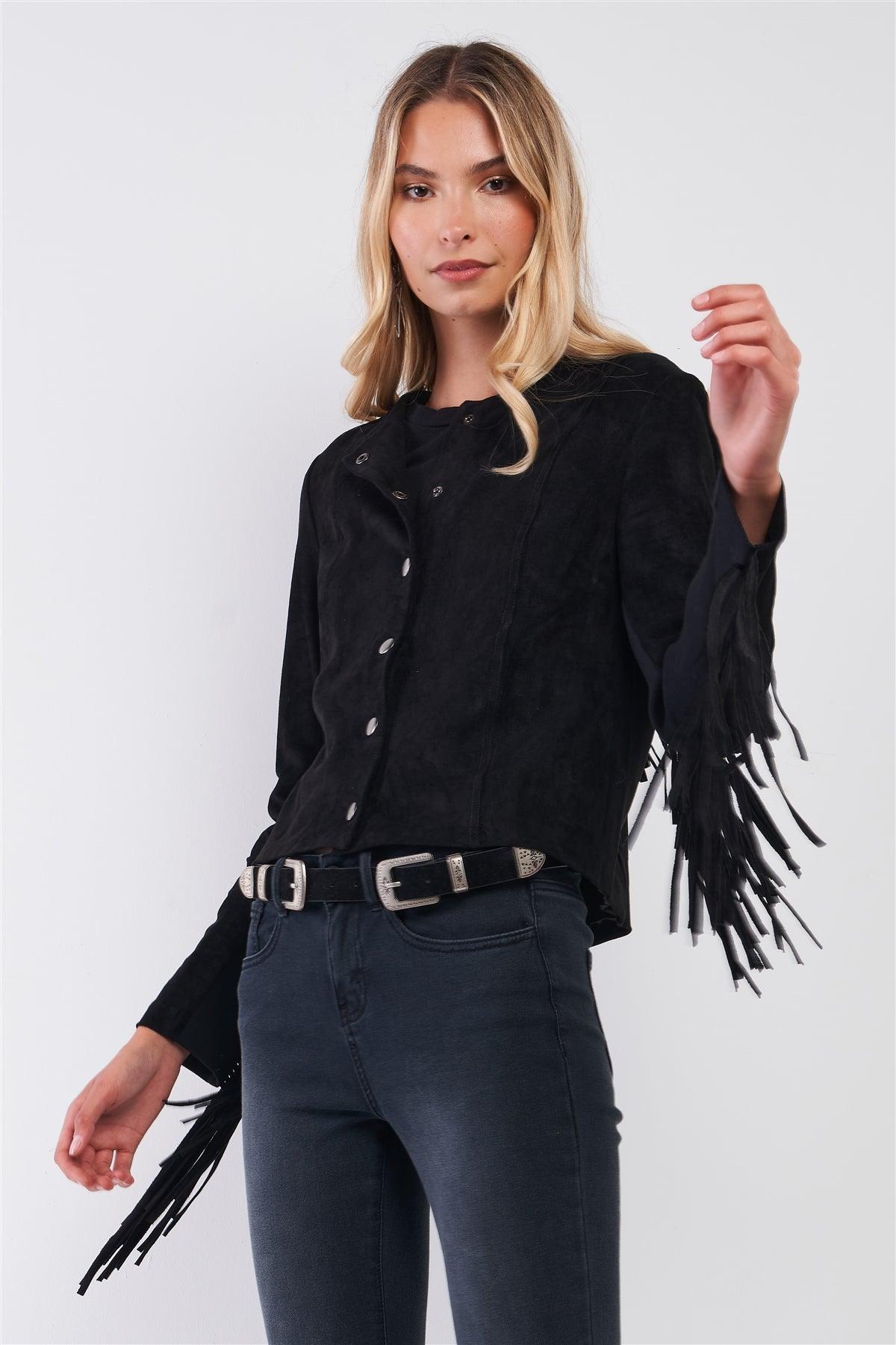 Black Faux Suede Fringed Western Jacket /1-2-2-1