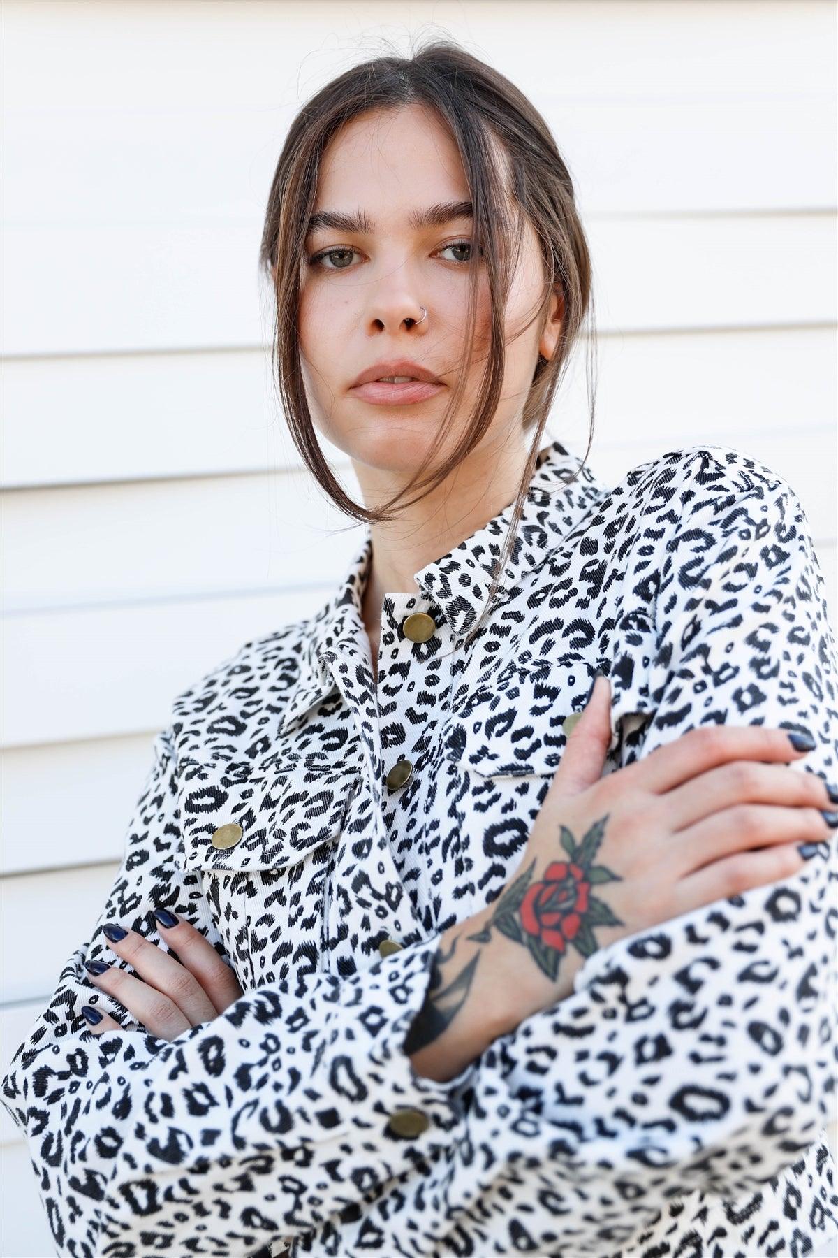 White & Black Cotton Leopard Print Cropped Denim Jacket /3-2