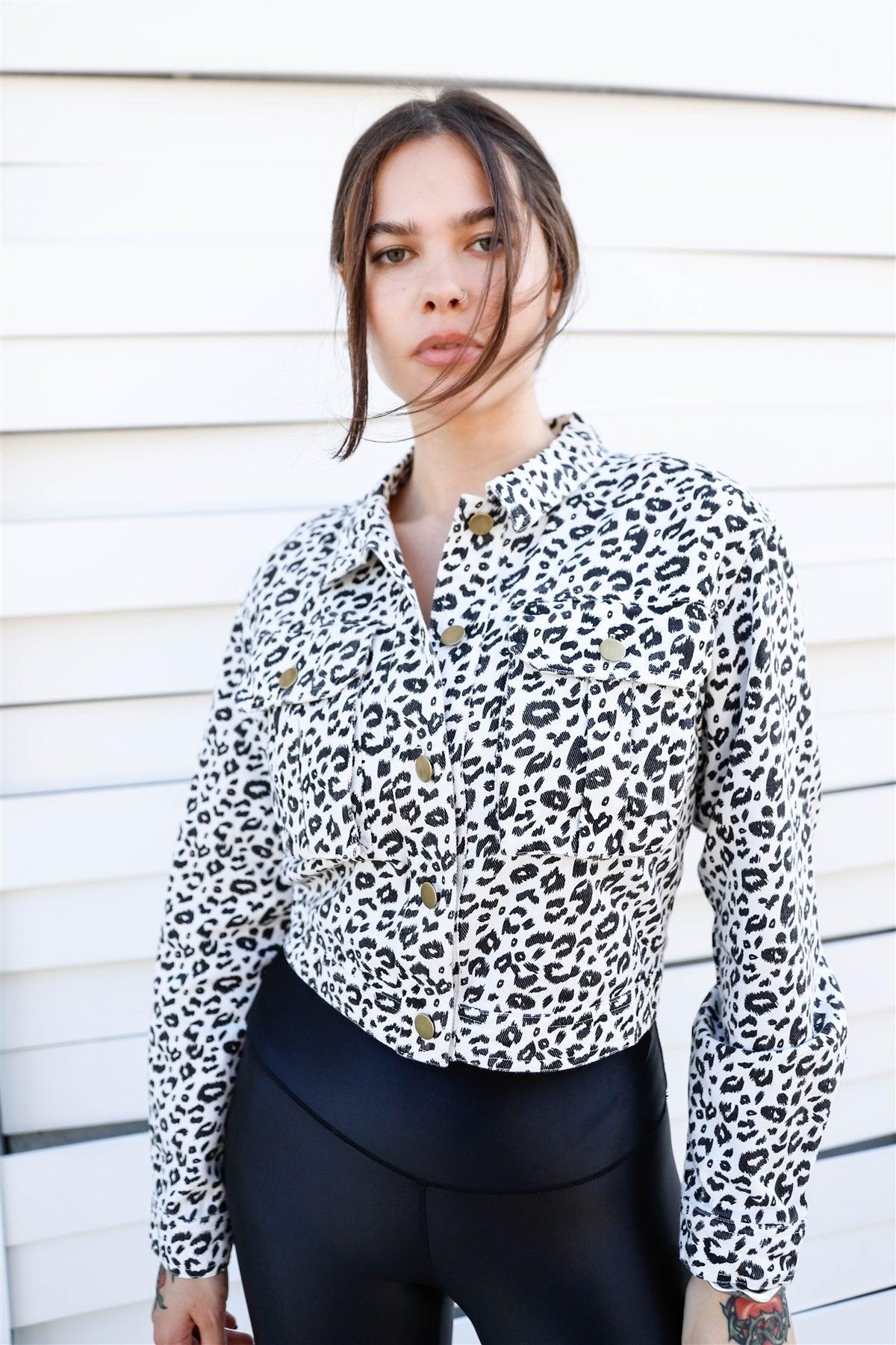 White & Black Cotton Leopard Print Cropped Denim Jacket /3-2