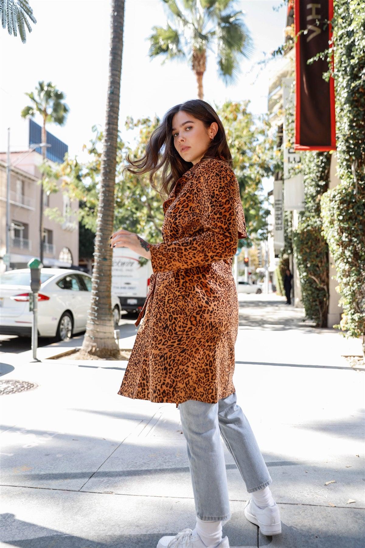 Brown Leopard Print Tie-Waist Vegan Suede Trench Coat /1-3-2