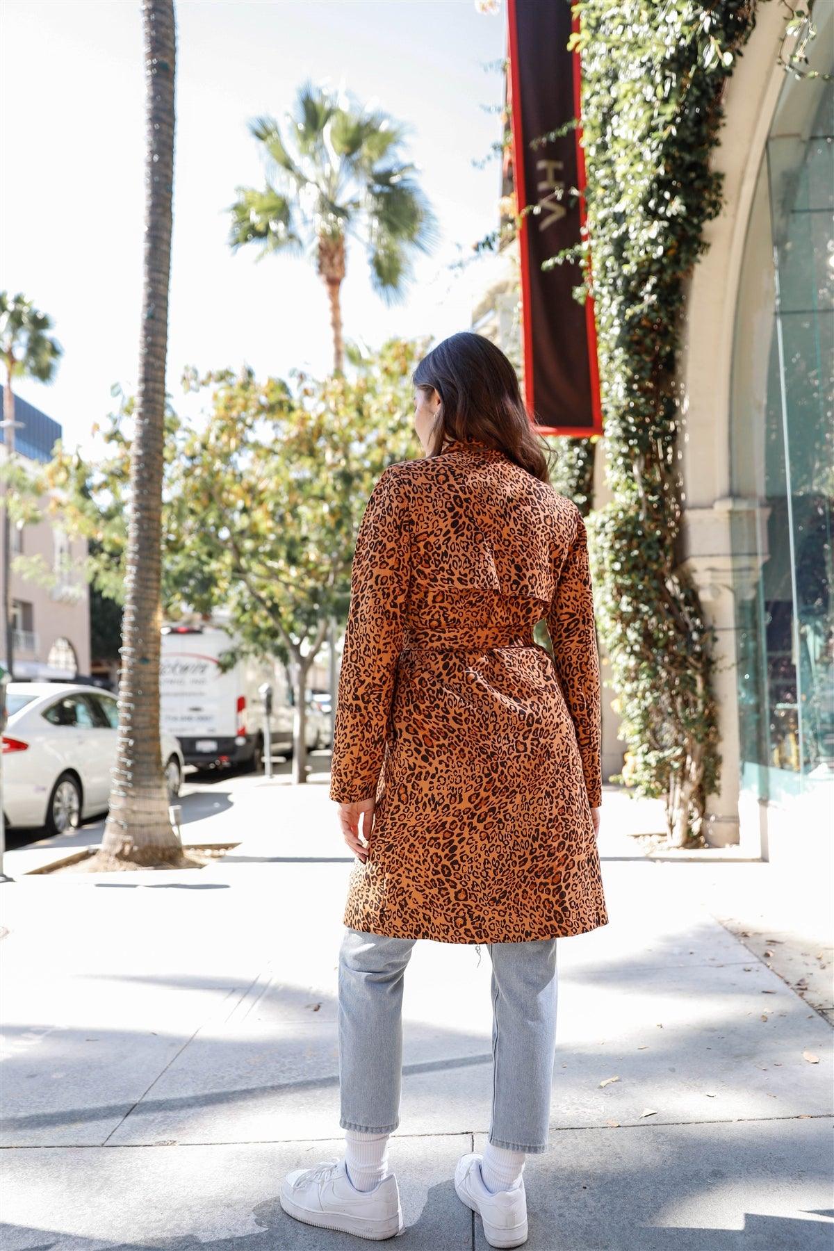 Brown Leopard Print Tie-Waist Vegan Suede Trench Coat /1-3-2