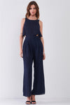 Navy Sleeveless Round Neck Wide Leg Flare Top Button Down Back Jumpsuit /1-2-2-1