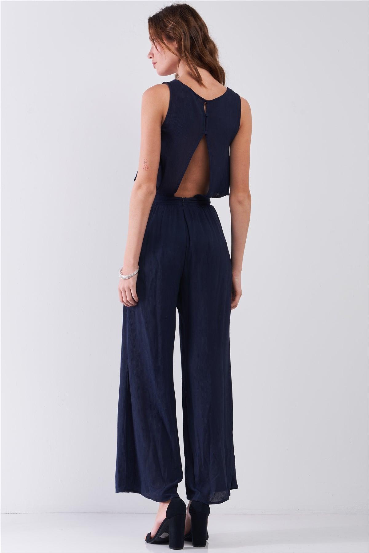 Navy Sleeveless Round Neck Wide Leg Flare Top Button Down Back Jumpsuit /1-2-2-1