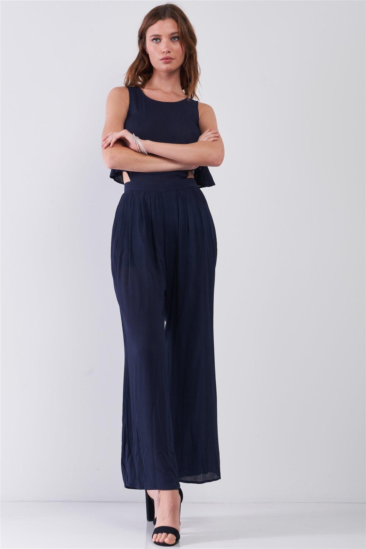 Navy Sleeveless Round Neck Wide Leg Flare Top Button Down Back Jumpsuit /1-2-2-1