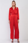 Scarlet Red Satin V-Neck Long Balloon Sleeve Wrap Tie Back Wide Leg Jumpsuit /1-2-2-1