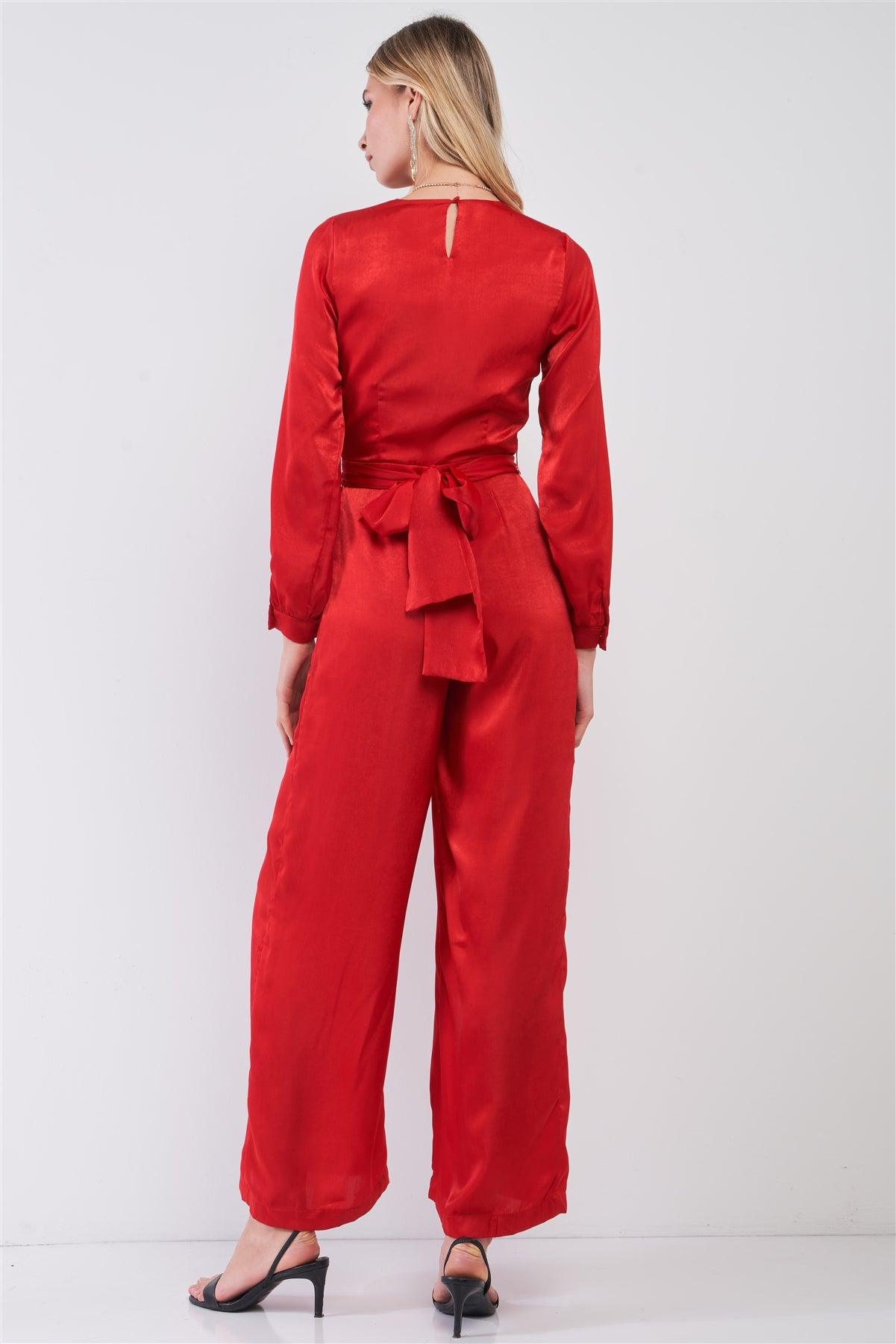 Scarlet Red Satin V-Neck Long Balloon Sleeve Wrap Tie Back Wide Leg Jumpsuit /1-2-2-1