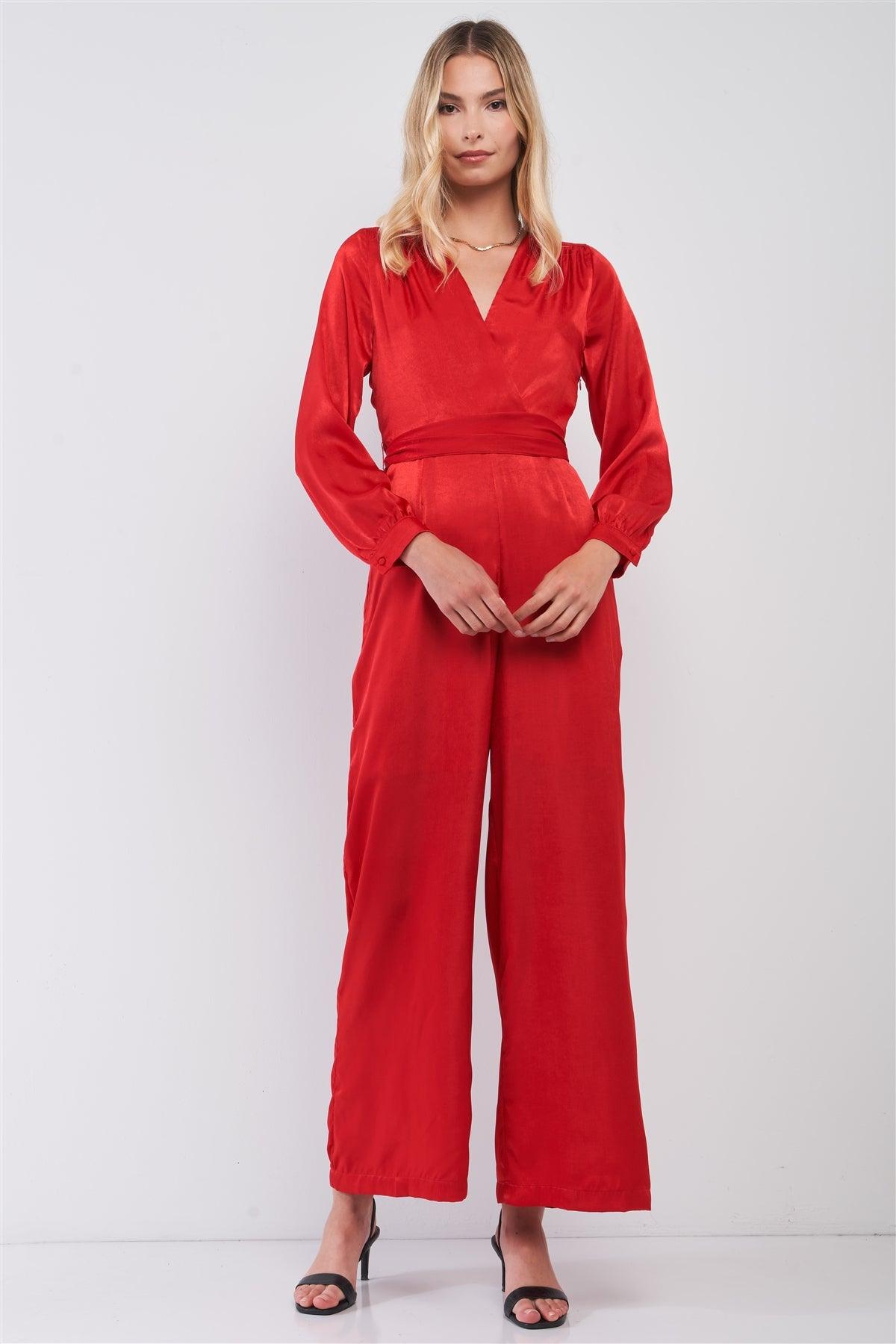 Scarlet Red Satin V-Neck Long Balloon Sleeve Wrap Tie Back Wide Leg Jumpsuit /1-2-2-1