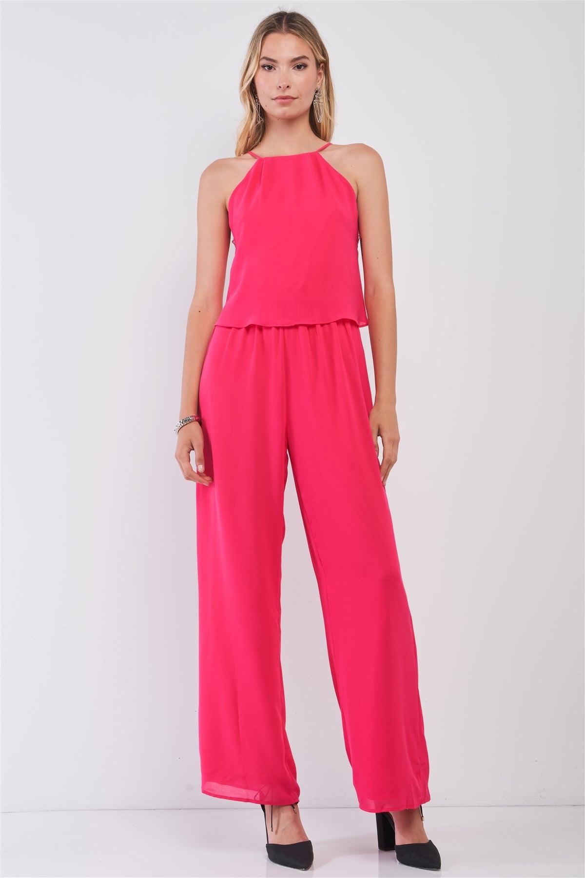 Hot-Pink Sleeveless Halter Neck Wide Leg Back Lace Trim Jumpsuit /1-2-1-1