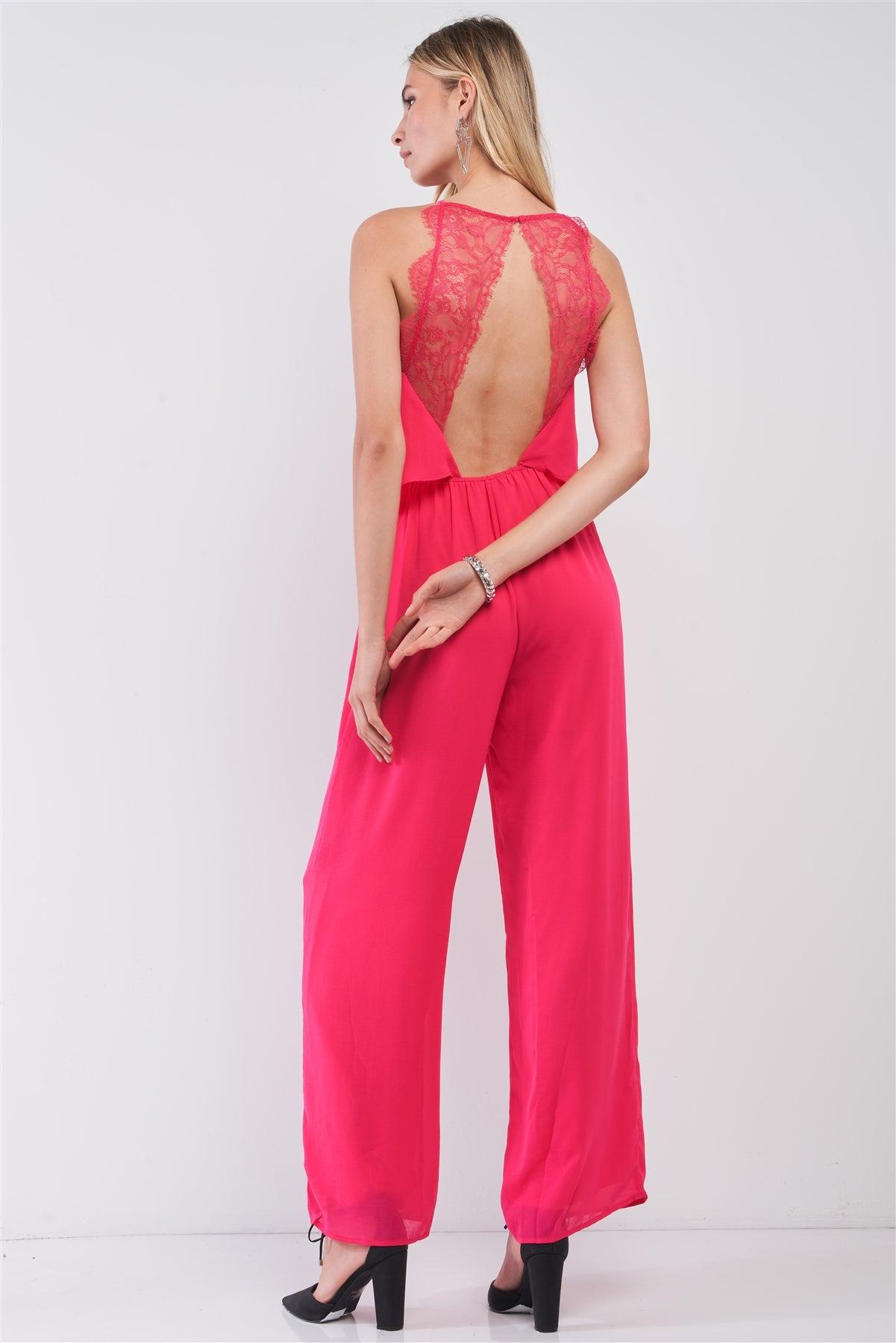 Hot-Pink Sleeveless Halter Neck Wide Leg Back Lace Trim Jumpsuit /1-2-1-1