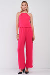 Hot-Pink Sleeveless Halter Neck Wide Leg Back Lace Trim Jumpsuit /1-2-2-1