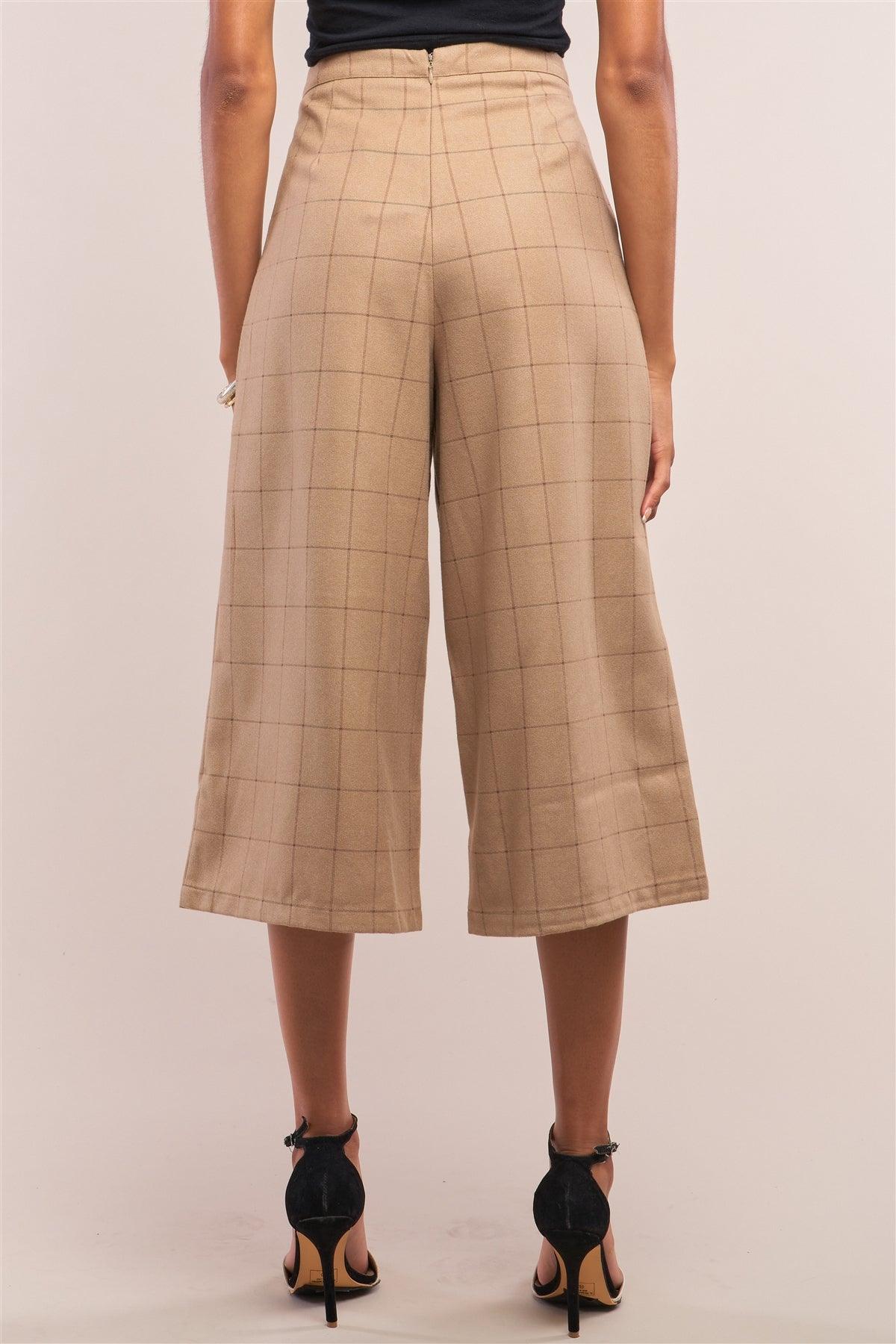 Camel Plaid Checkered High Waisted Pleated Detail Wide Leg Pants /1-1-3