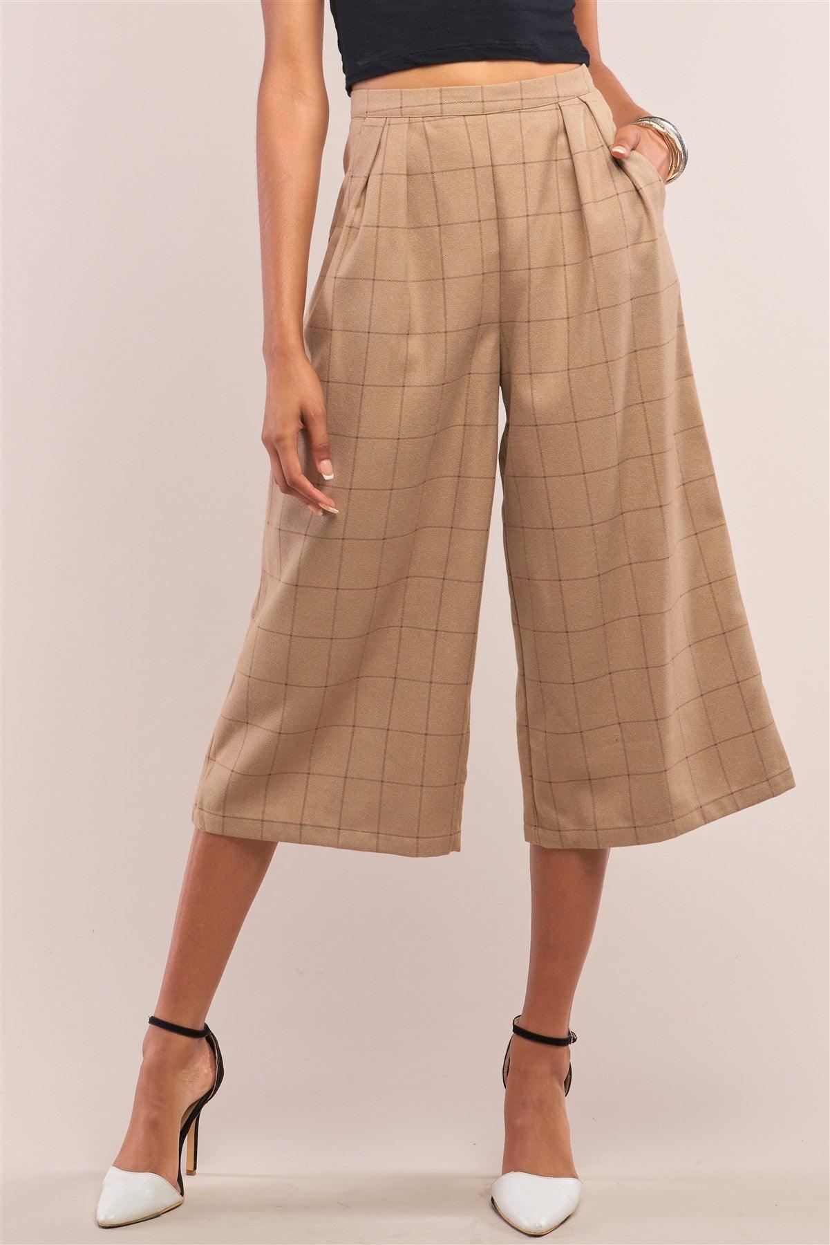 Camel Plaid Checkered High Waisted Pleated Detail Wide Leg Pants /1-1-3