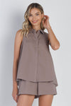 Latte Sleeveless Double Layered Button Down Shirt  Back Self-Tie Ribbons Romper /1-2-2-1