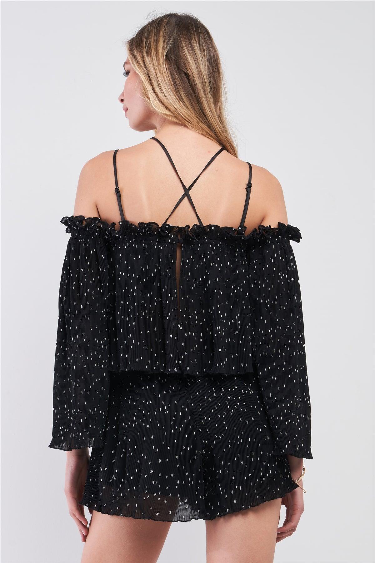 Black Star Print Pleated Off-The-Shoulder Long Bell Sleeve Criss Cross Back Romper /1-2-2-1