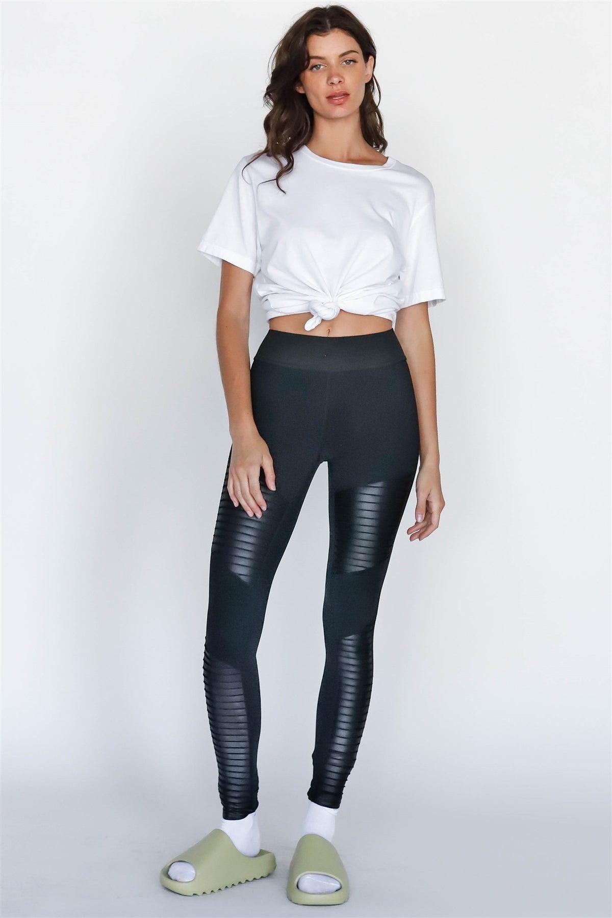 Black Glossy Faux Leather Detail High Waist Leggings