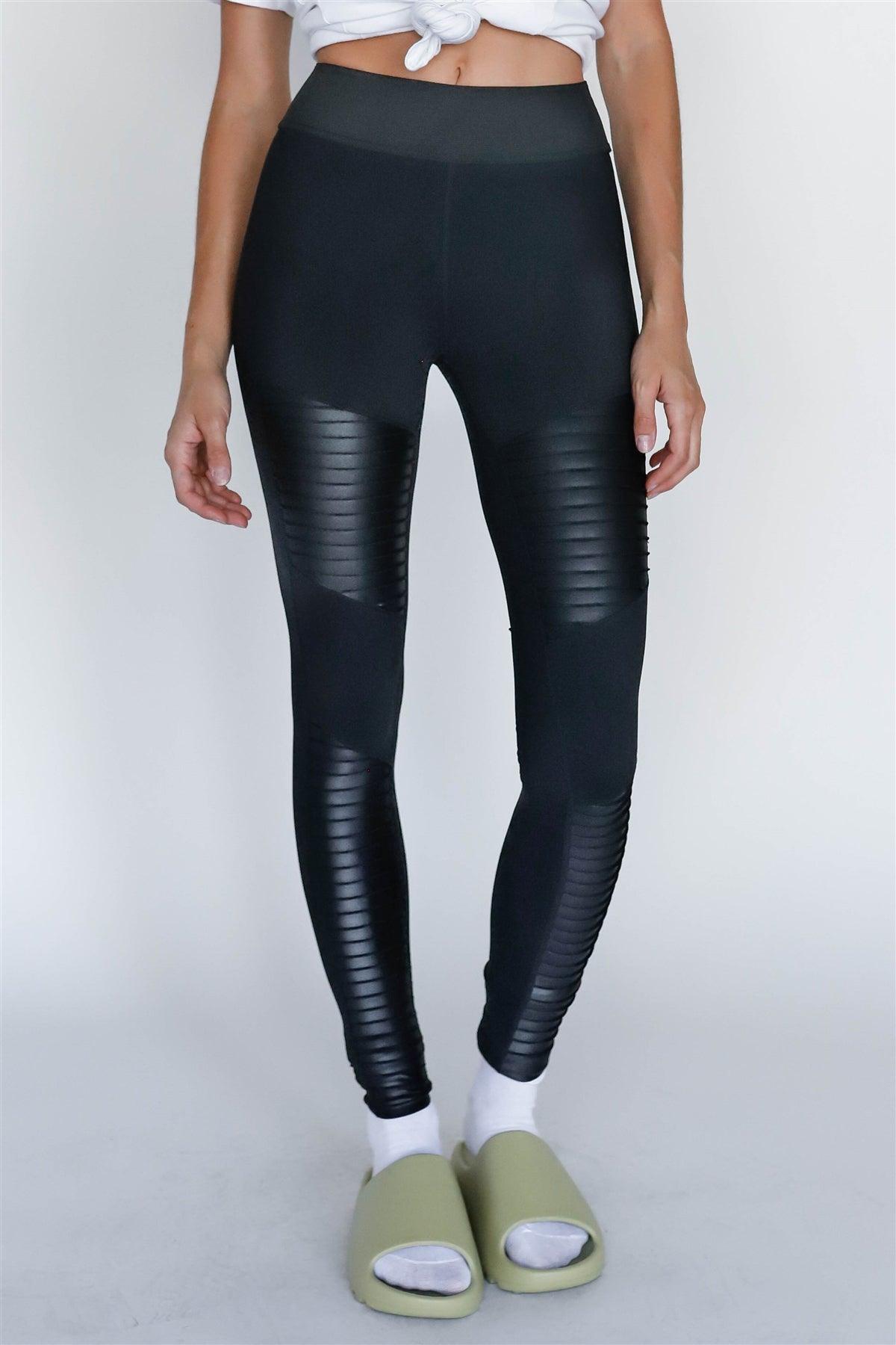 Black Glossy Faux Leather Detail High Waist Leggings