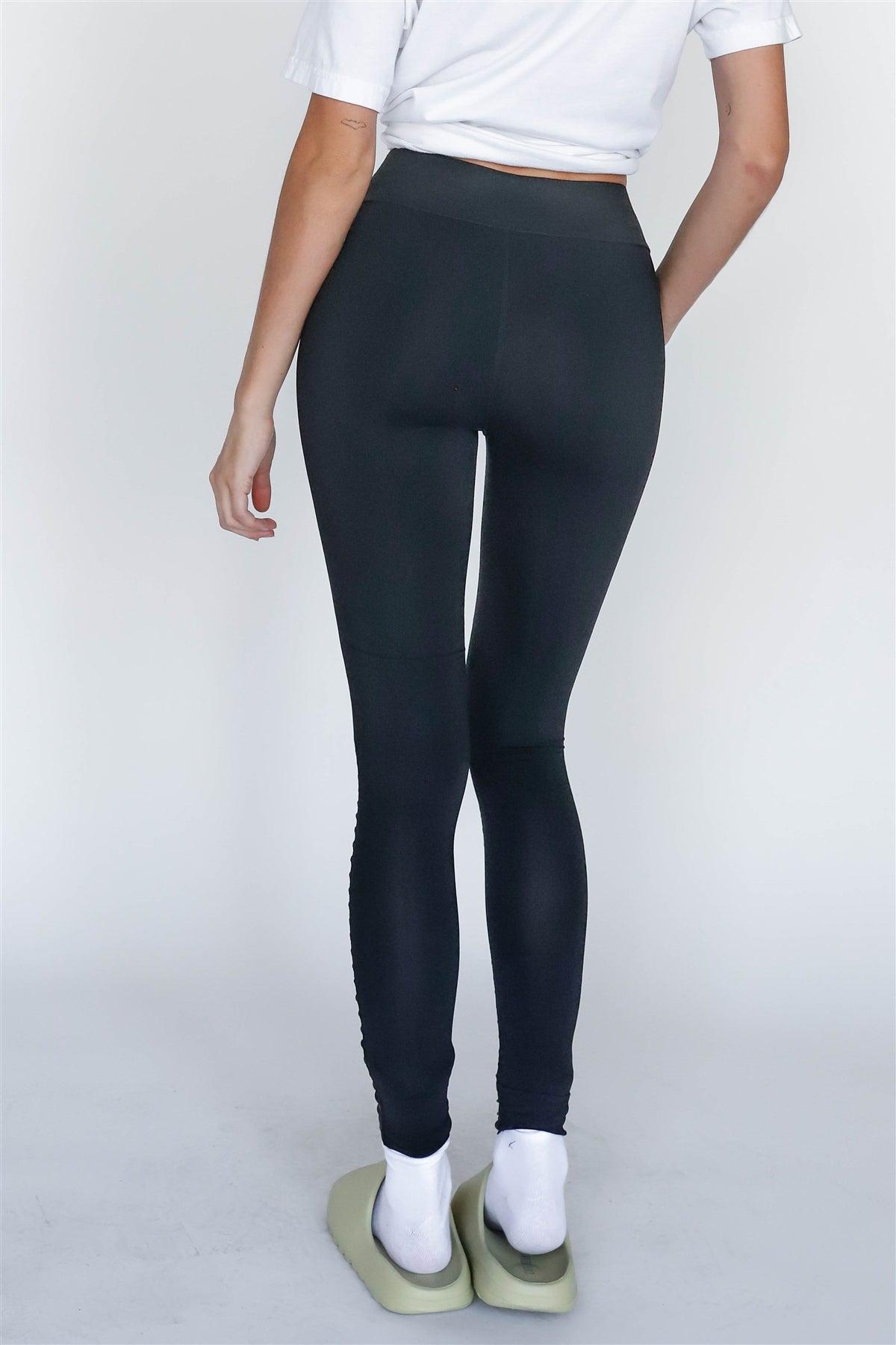 Black Glossy Faux Leather Detail High Waist Leggings