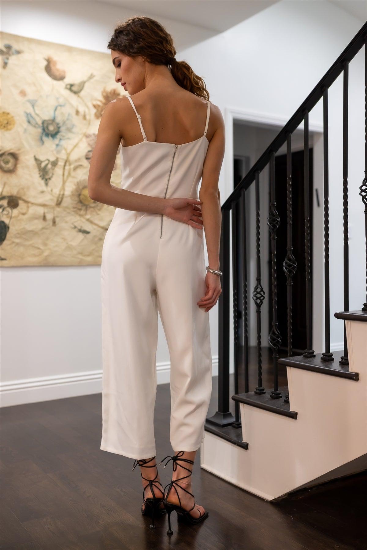 White Lace Up Waist Square Neck Wide Leg Jumpsuit /2-2-2