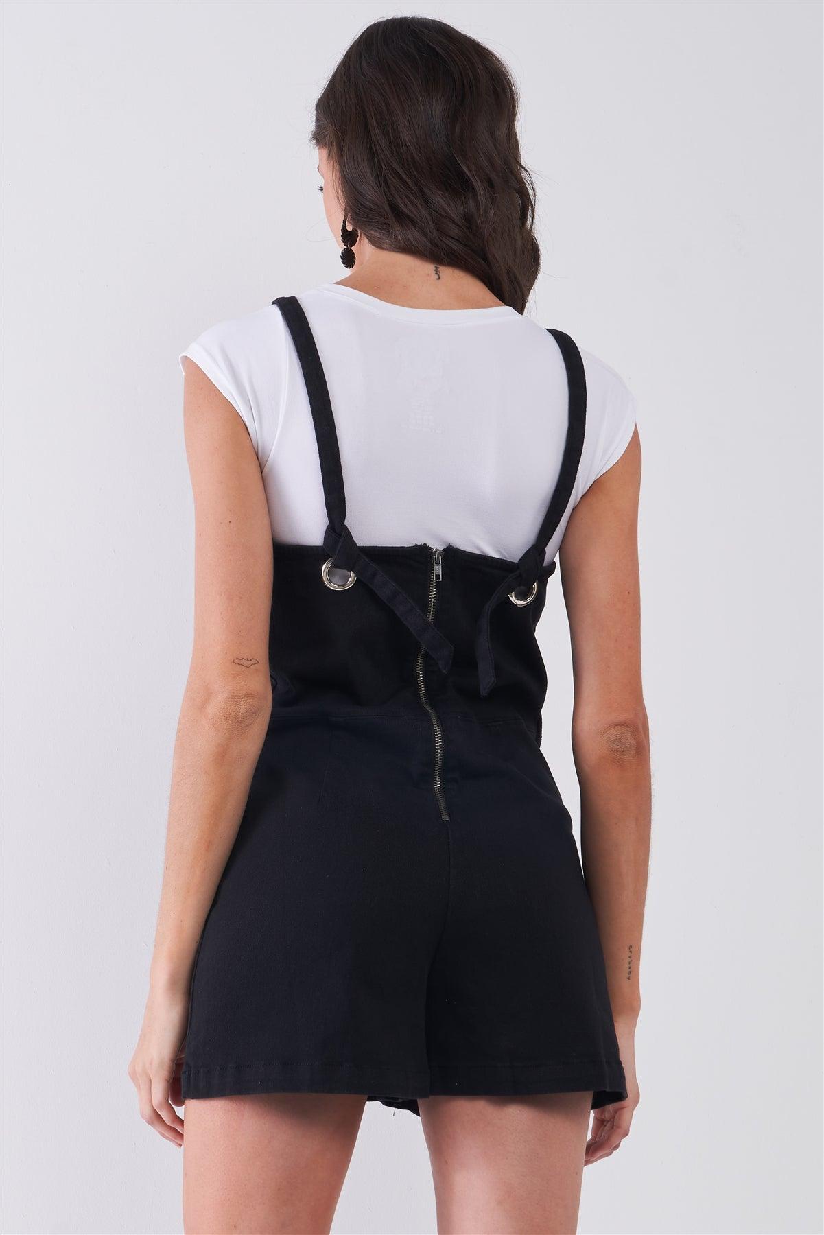 Black Denim Sleeveless Keyhole Straps Detail Romper