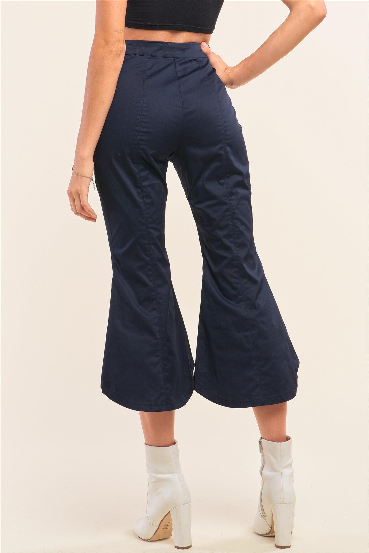 Navy Solid High Waisted Retro Bell Bottom Flare Pants /1-2-2-1