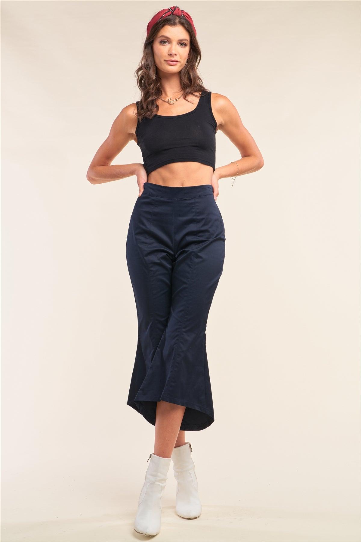 Navy Solid High Waisted Retro Bell Bottom Flare Pants /1-2-2-1