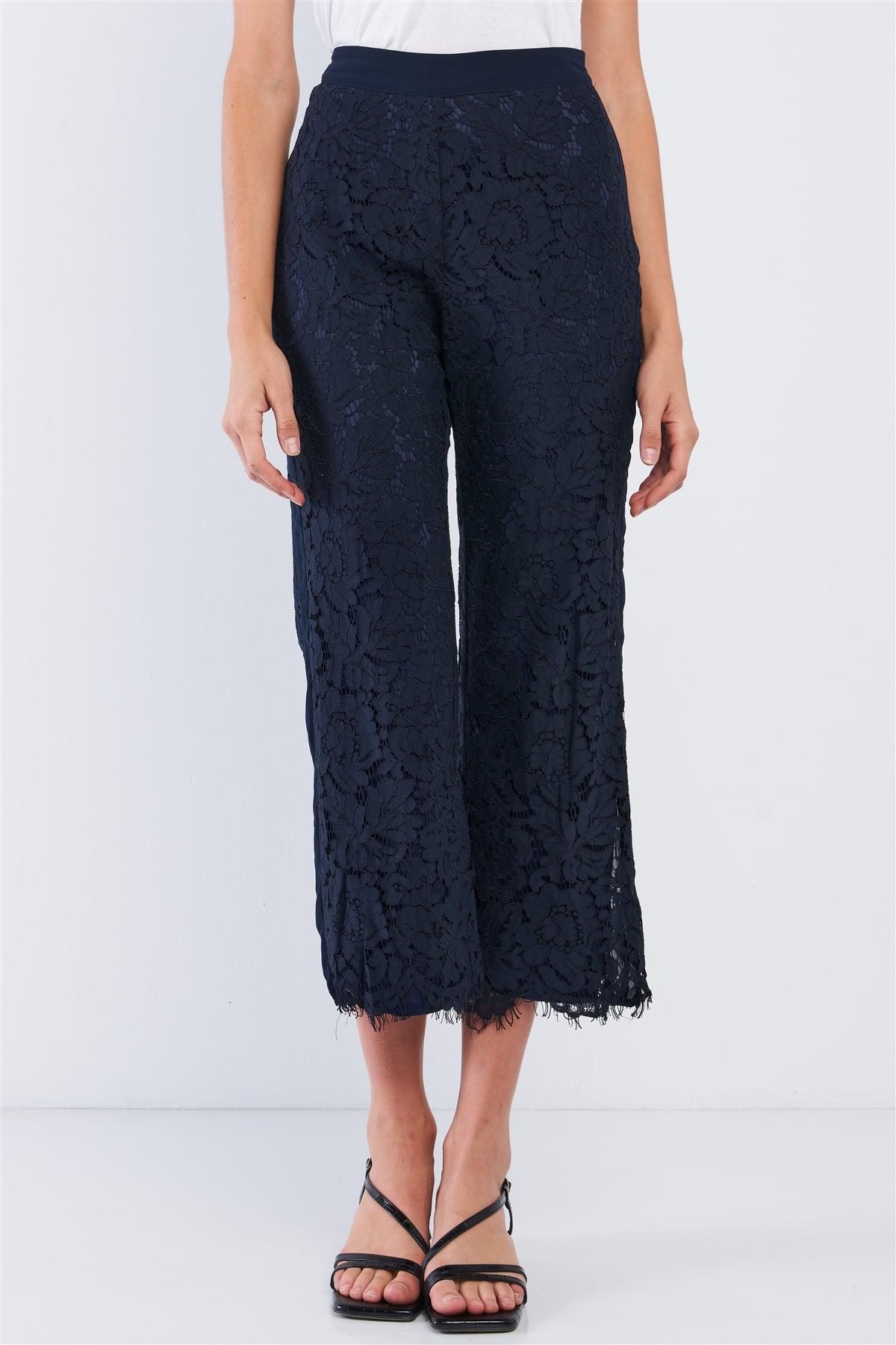 Navy Lace Embroidery High Waist Summer Capri Pants /1-2-1-1