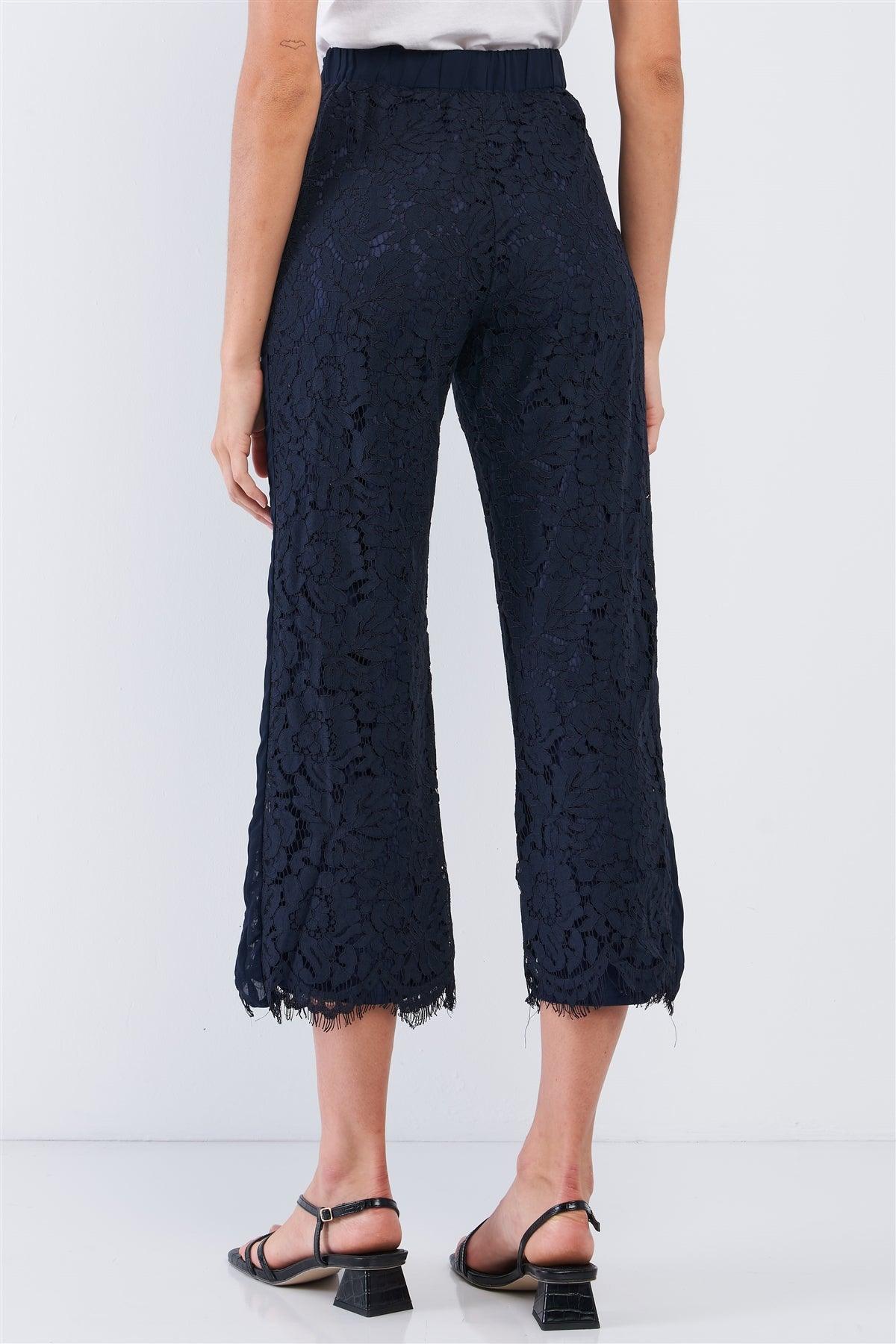 Navy Lace Embroidery High Waist Summer Capri Pants /1-2-1-1