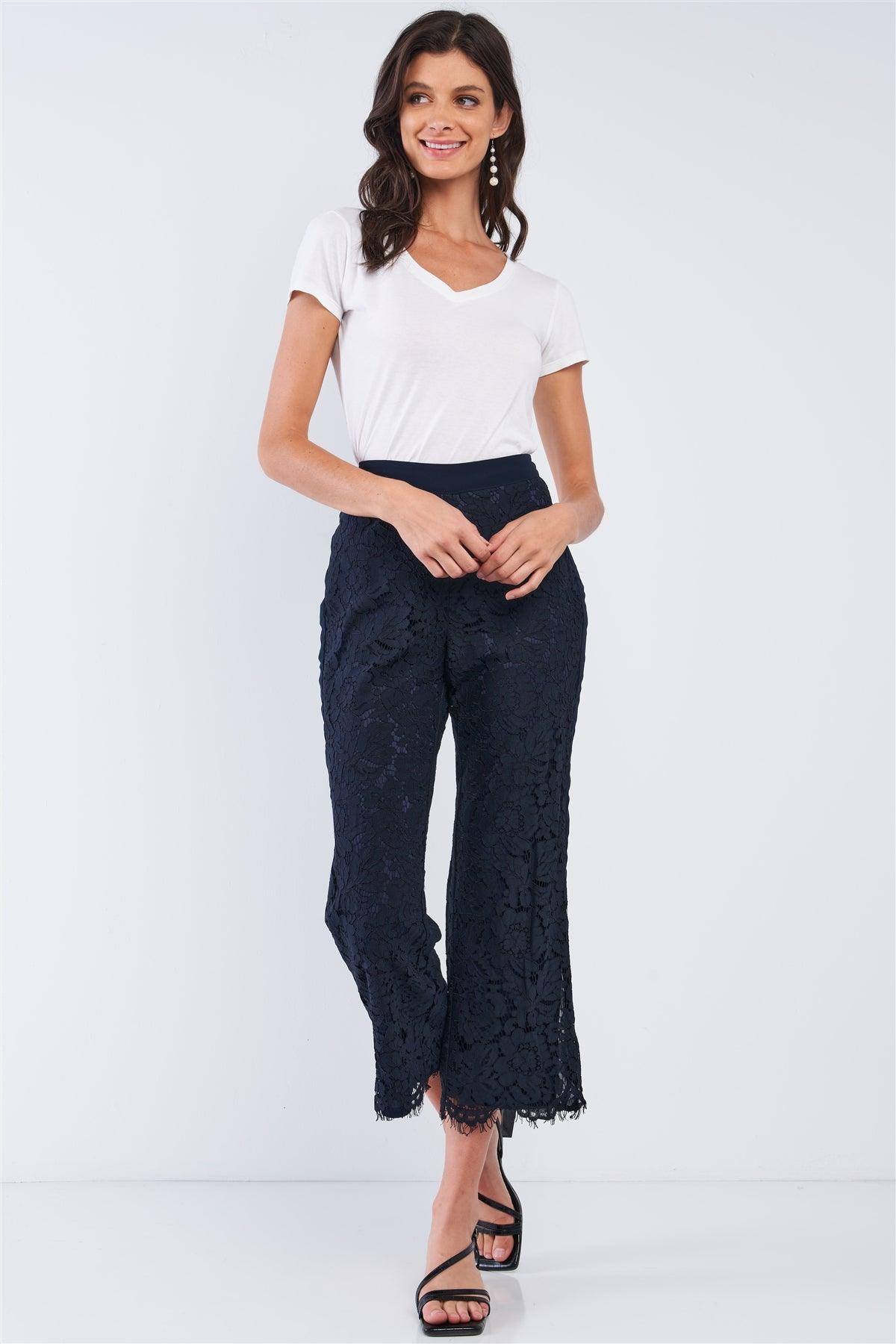 Navy Lace Embroidery High Waist Summer Capri Pants /1-2-1-1