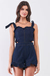 Dark Denim Sleeveless Sweetheart Neckline Ruffled Hem Side Cut-Out Detail Self-Tie Shoulder Straps Romper /2-2-1-1