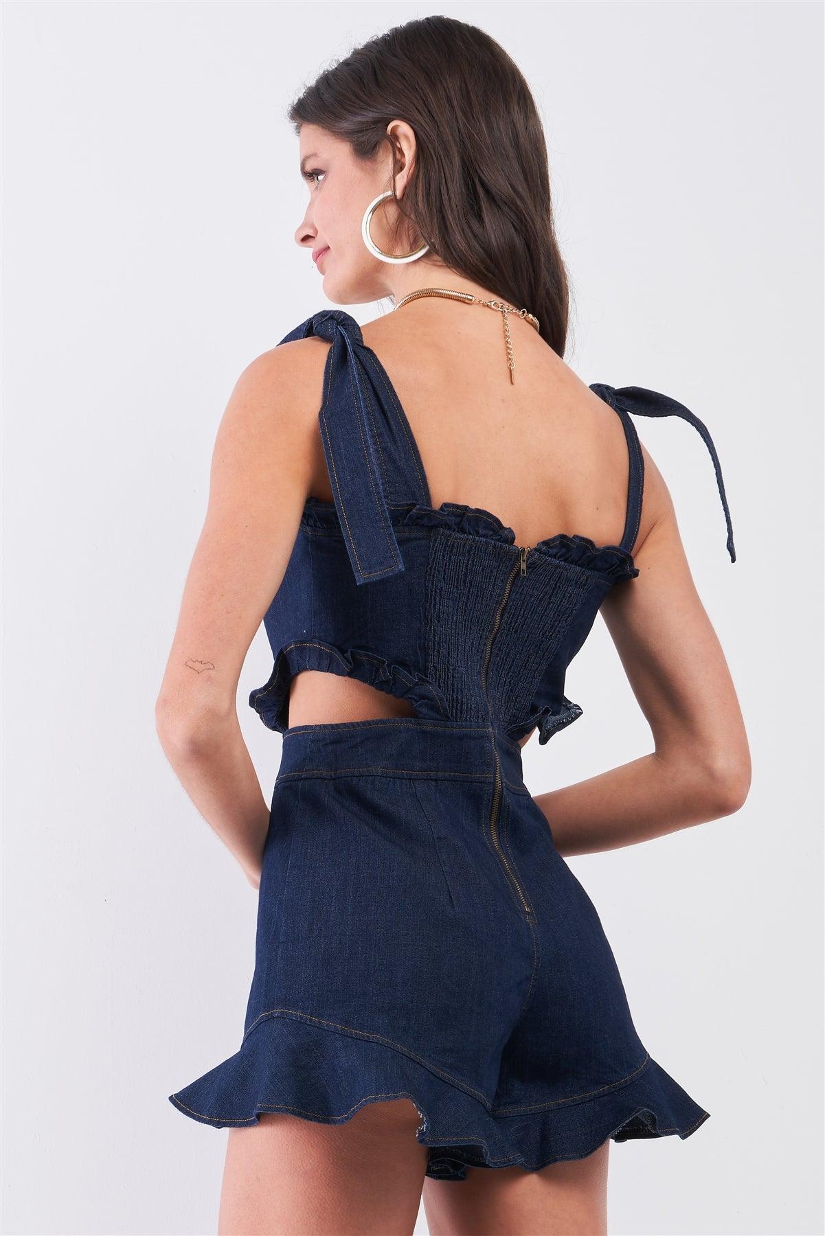 Dark Denim Sleeveless Sweetheart Neckline Ruffled Hem Side Cut-Out Detail Self-Tie Shoulder Straps Romper /2-2-1-1