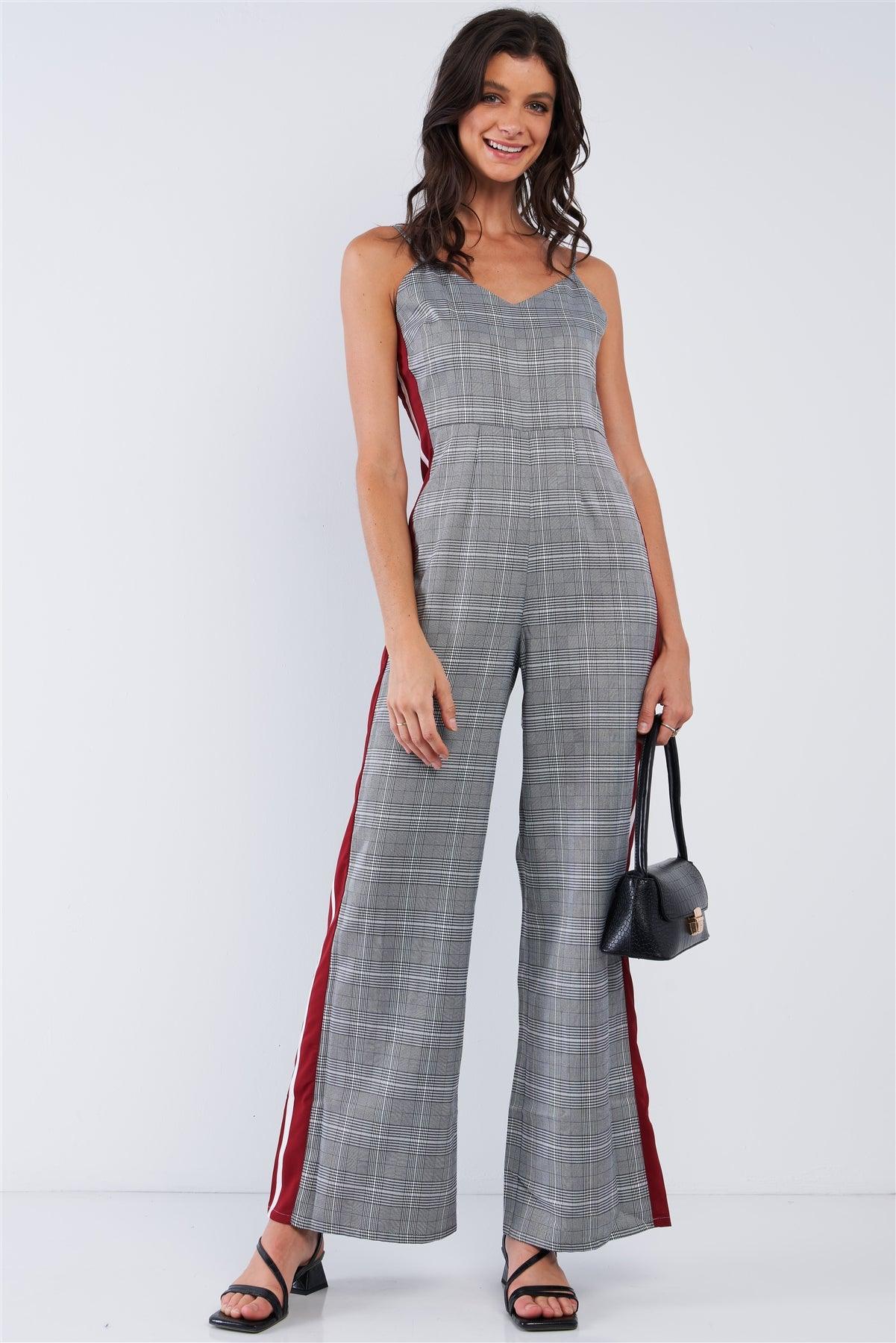 Grey Checkered V-Neck Sleeveless Red&White Accent Side Stripe Wide Leg Jumpsuit /1-2-2-1