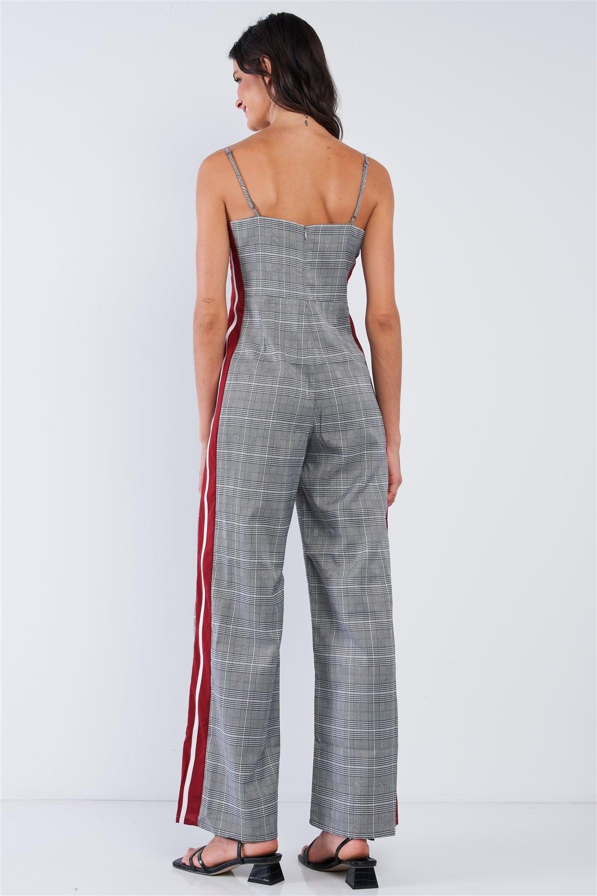 Grey Checkered V-Neck Sleeveless Red&White Accent Side Stripe Wide Leg Jumpsuit /1-2-2-1