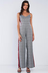 Grey Checkered V-Neck Sleeveless Red&White Accent Side Stripe Wide Leg Jumpsuit /1-2-3