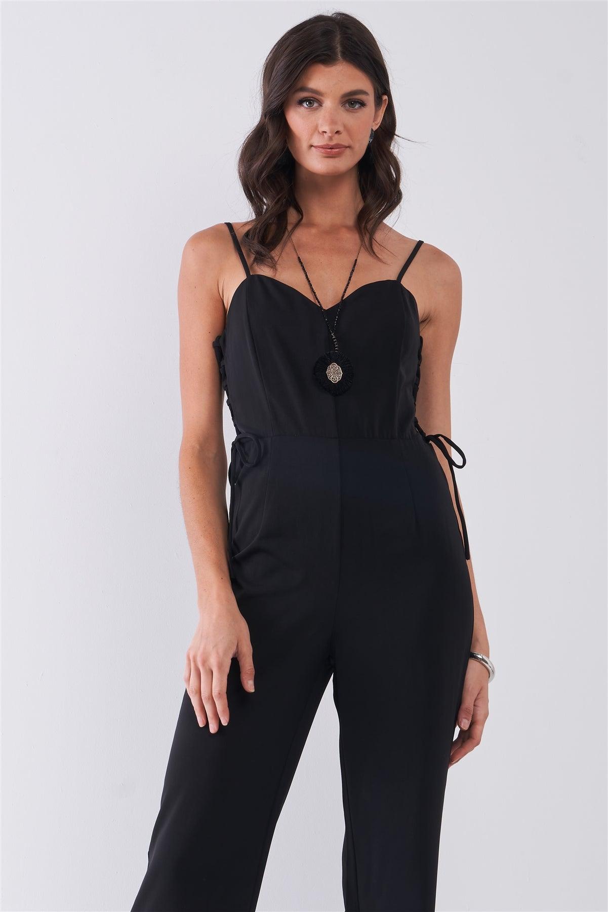 Black Sleeveless Sweetheart Neck Side Lace-Up High-Waisted Straight Leg Jumpsuit /1-2-2-1