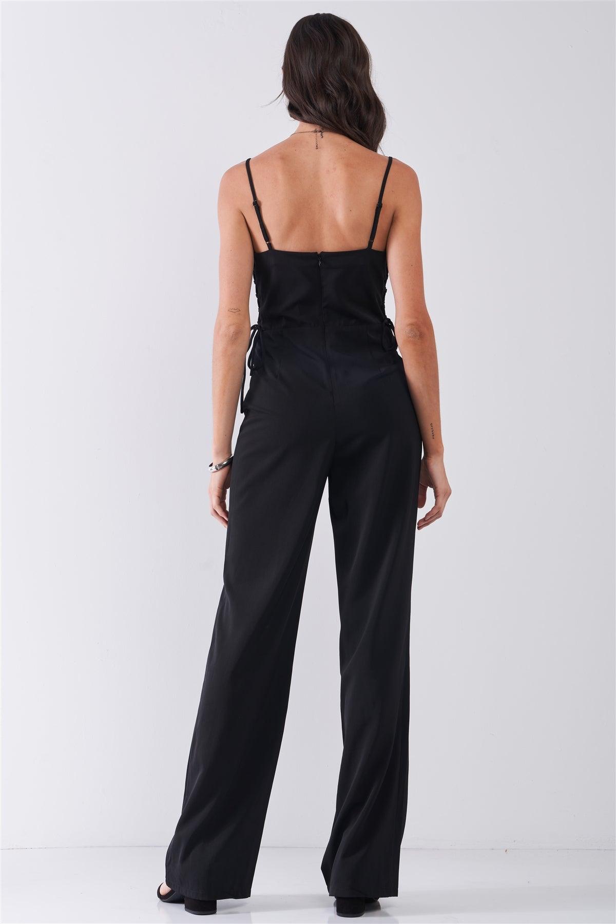 Black Sleeveless Sweetheart Neck Side Lace-Up High-Waisted Straight Leg Jumpsuit /1-2-2-1