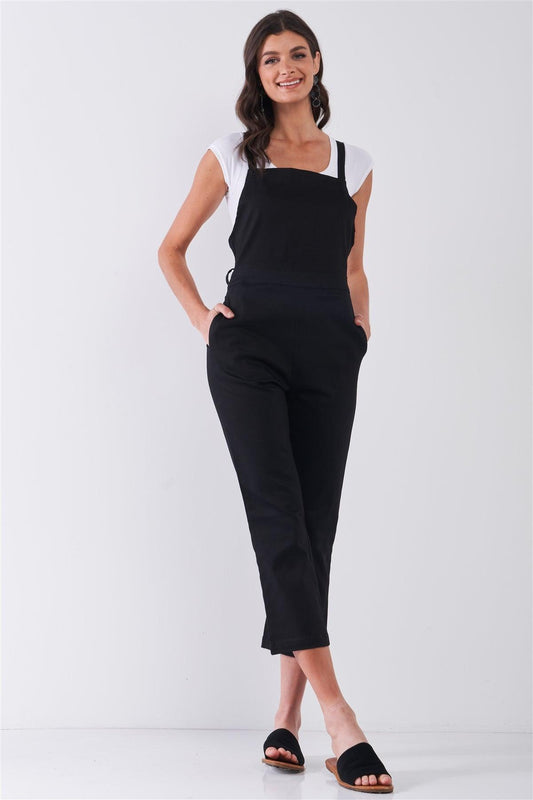 Black Sleeveless Square Neck Criss Cross Back Ankle Length Denim Jumpsuit /1-1-2-2