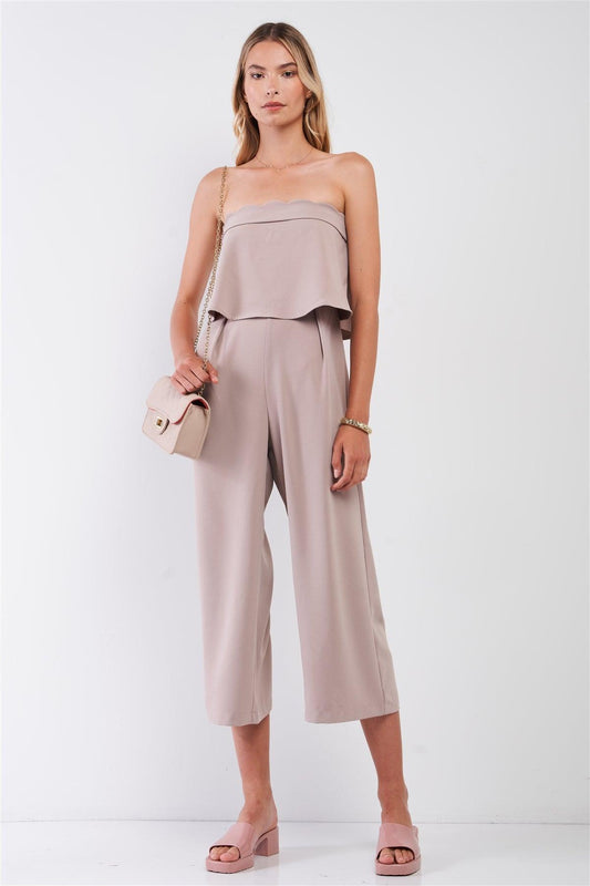 Mocha Strapless Layered Top High Waist Wide Leg Ankle Length Jumpsuit