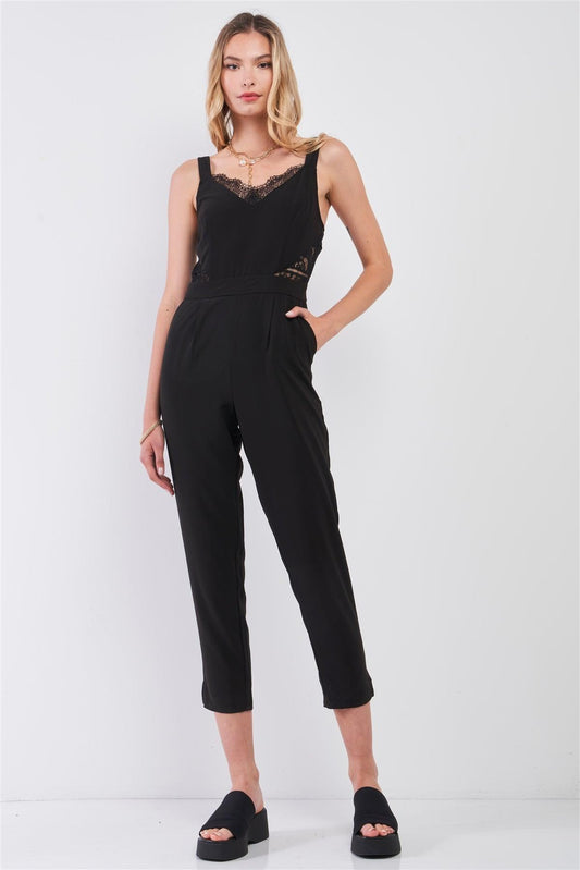 Black Sleeveless V-Neck Lace Trim Ankle Length Side Pocket Jumpsuit /1-2-2-1