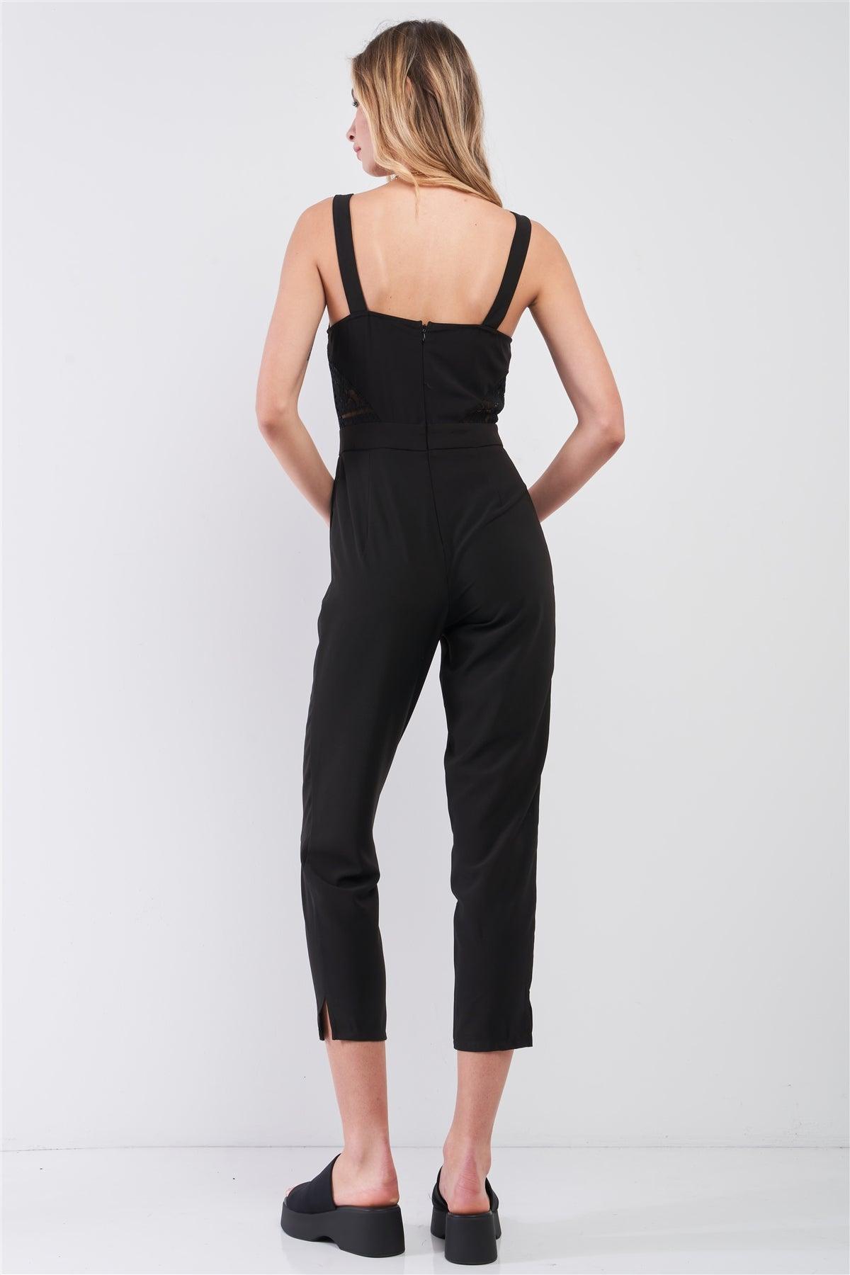 Black Sleeveless V-Neck Lace Trim Ankle Length Side Pocket Jumpsuit /1-2-2-1