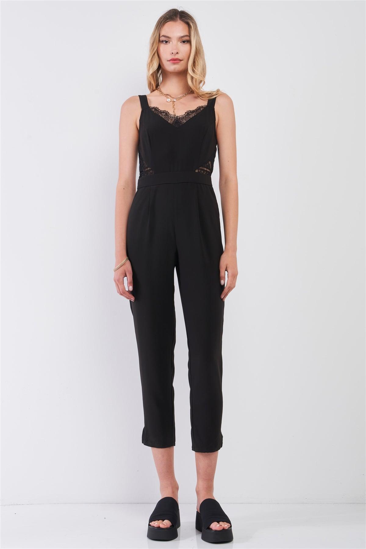 Black Sleeveless V-Neck Lace Trim Ankle Length Side Pocket Jumpsuit /1-2-2-1