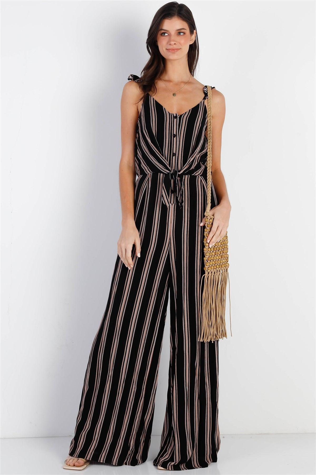 Black Tan Stripe Front Button Down Self-Tie Detail Wide Leg Jumpsuit /1-2-2-1